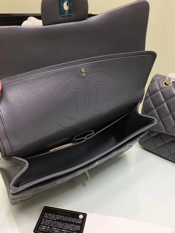 Firstbag Ru Size With CHANEL Lambskin Bag Leather Flap 1112 Silver Grey 30cm Hardware Large Gold 0806